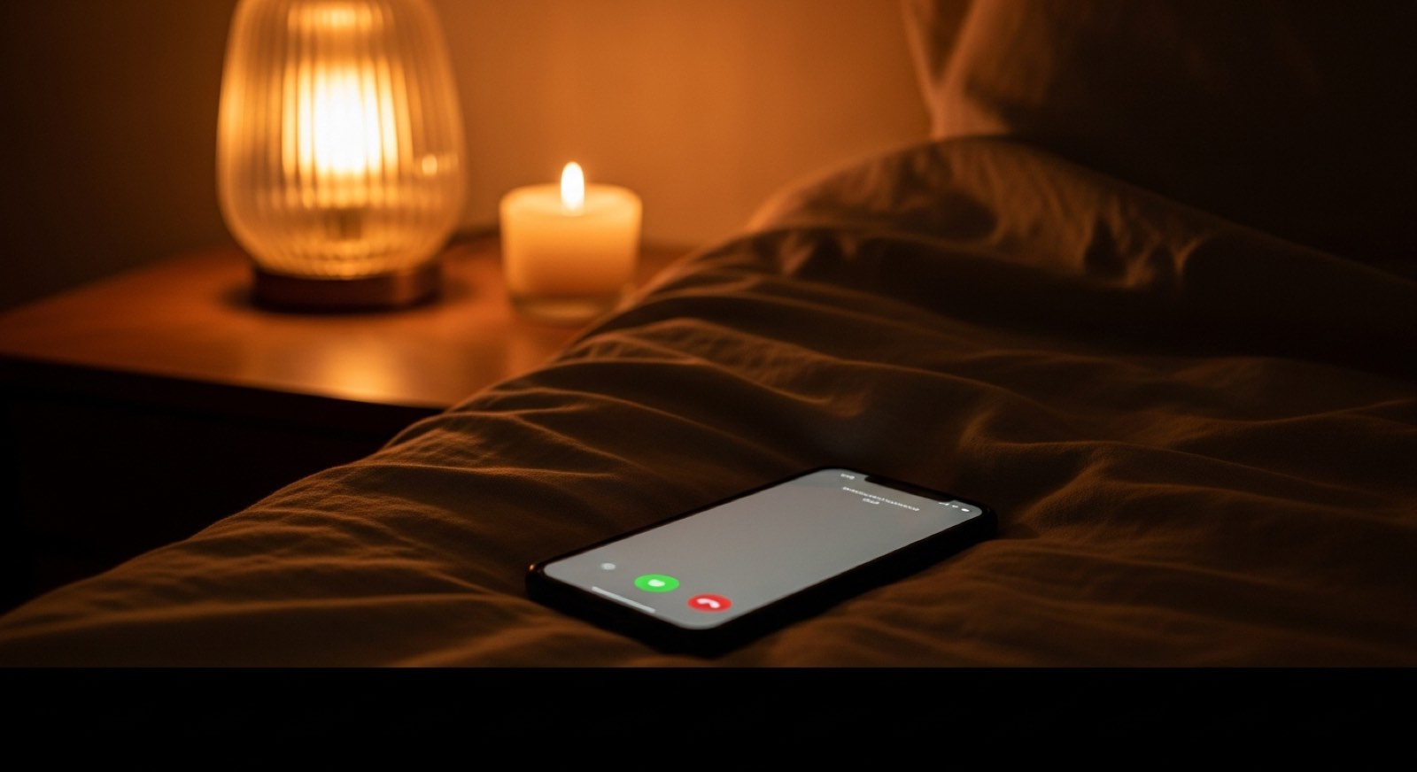 A phone mid-call resting on rumpled warm linen, glowing lamp light, 11:47 PM